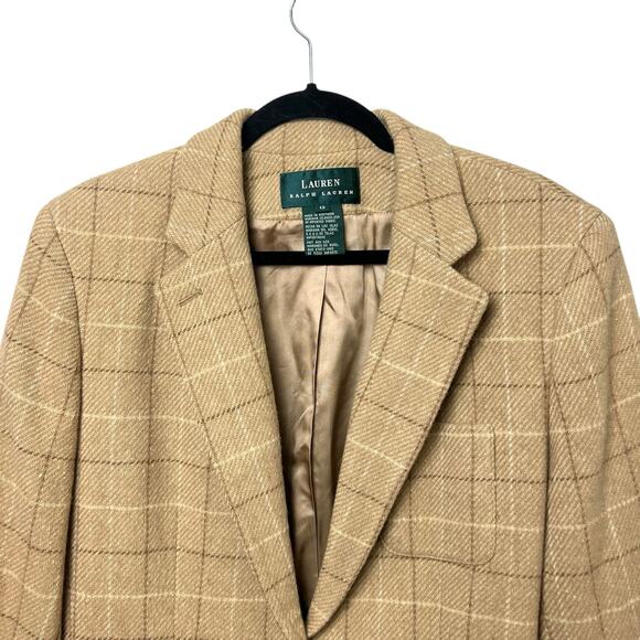 Lauren Ralph Lauren Women's Tan Wool Windowpane Check Blazer Size 12 Made in USA - Picture 2 of 10